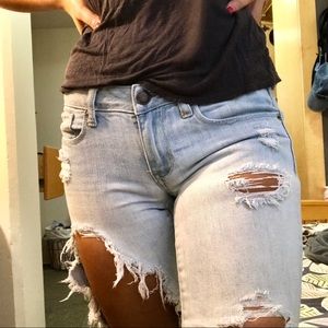 AEO light wash heavily distressed skinny jeans